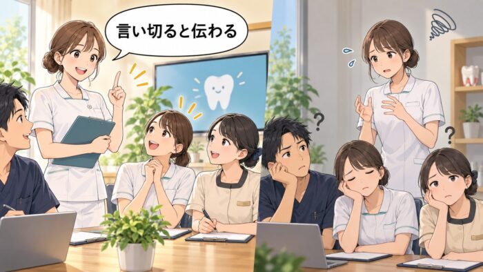 言い切って説明すると聞き手が納得し、慎重に説明すると聞き手が困惑している対比の場面