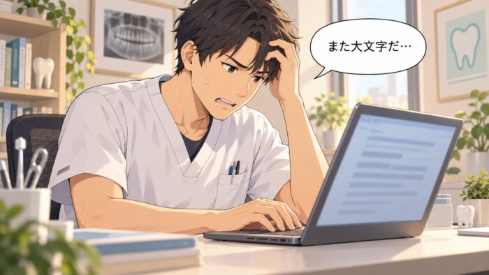 ノートパソコンの前で頭を抱える歯科医師