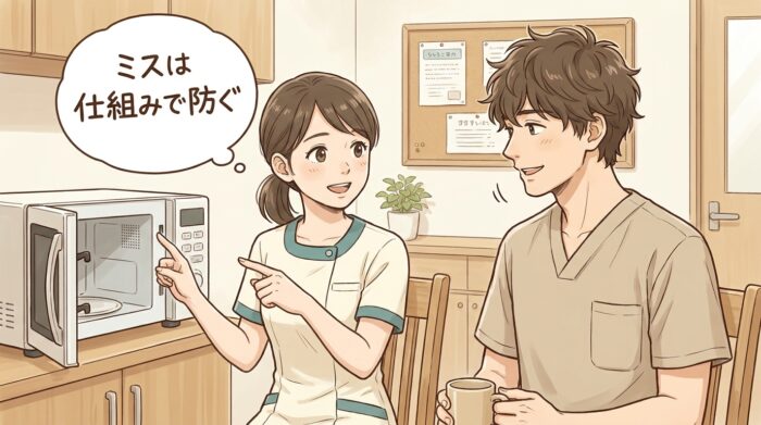 扉が開いていると動かない電子レンジを指差して説明するスタッフ