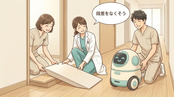段差にスロープを敷いてロボットを迎えるスタッフ