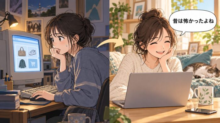 昔はネット通販に不安を感じていた人が、今は気軽に使っている対比