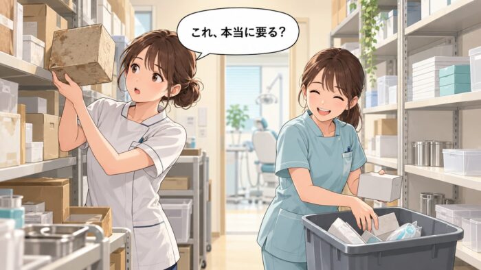 倉庫の棚を片付け、使わないものを手放すスタッフたち
