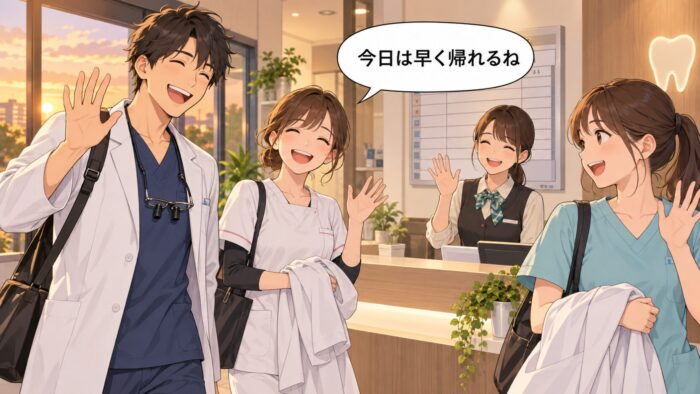 夕方、笑顔で手を振りながら帰る歯科医院のスタッフたち