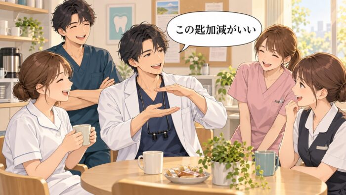 休憩室で和やかに語り合う歯科医院のスタッフたち