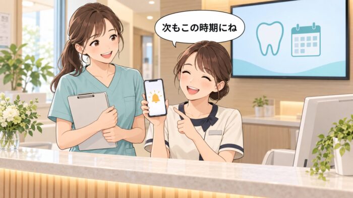 受付でスマートフォンの通知を見せながら笑顔で話す受付スタッフと歯科衛生士