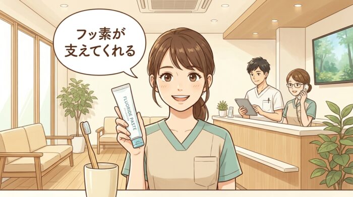 フッ素入り歯磨き粉を手にする歯科衛生士