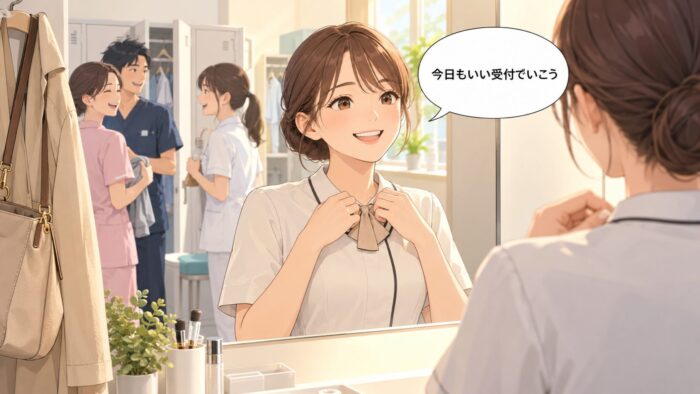 鏡の前で制服を整え、気持ちを切り替える受付スタッフ
