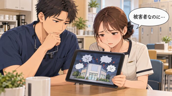 責める吹き出しに囲まれた建物が映るタブレットを、悲しそうに見つめる歯科医師とスタッフ