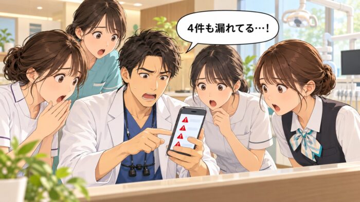 警告マークが並ぶスマートフォンを見て驚く歯科医師とスタッフたち
