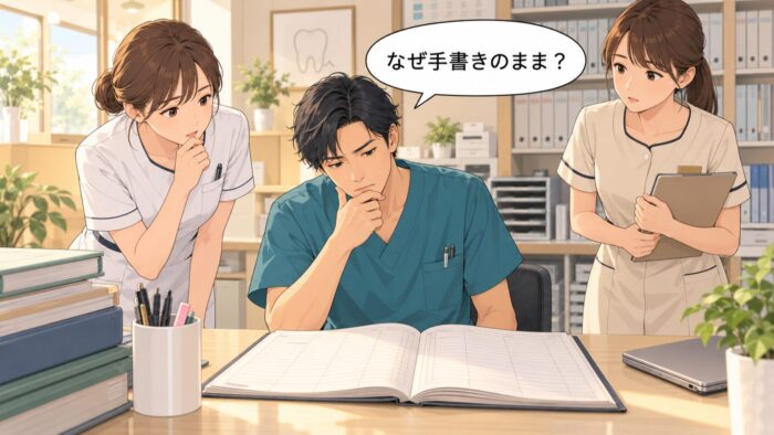 手書きの予約簿を前に、首をかしげて考える歯科医師