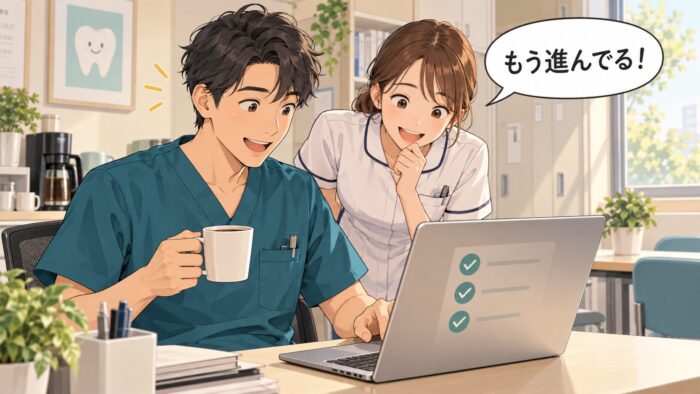 診療の現場でAIに仕事を任せ、進み具合を見て驚く歯科医師