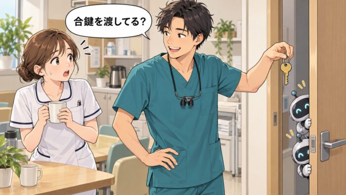 合鍵をドアの向こうへ差し出す歯科医師と、驚くスタッフ。ドアの陰からロボットがのぞいている