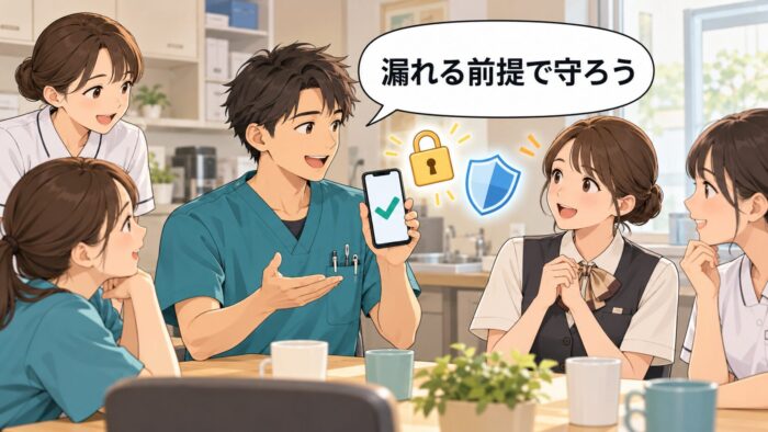 スマートフォンを手に、錠前と盾のアイコンを示す歯科医師と、うなずく受付スタッフ
