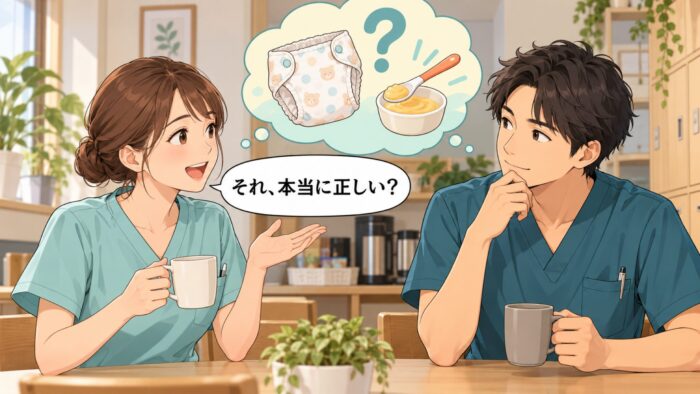 休憩室でコーヒーを手に話す歯科衛生士と歯科医師。頭上に布おむつと離乳食のスプーン