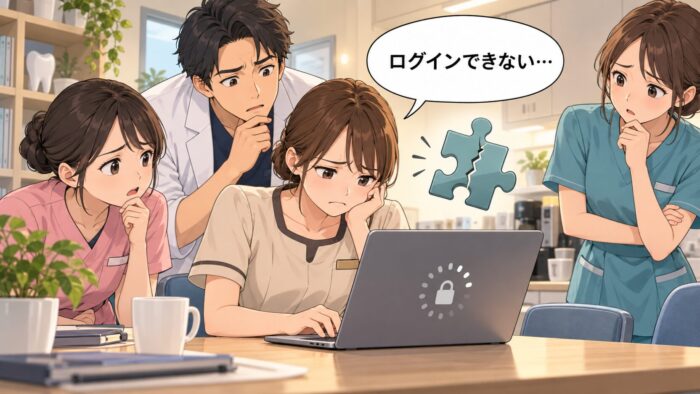 ログインできないパソコンの画面を前に困った顔のスタッフたち
