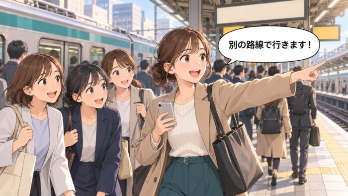 止まった電車のホームで、別の路線へ向かおうとするスタッフ