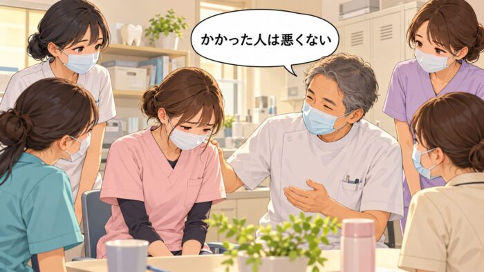 マスク姿で落ち込むスタッフの肩に手を置き、やさしく声をかける年配の歯科医師