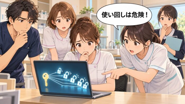 一つの鍵から次々と錠前が開いていく画面を見て心配する歯科衛生士