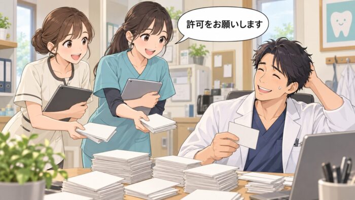 たくさんの書類や依頼が、指示を出す一人の机に集まってくる様子