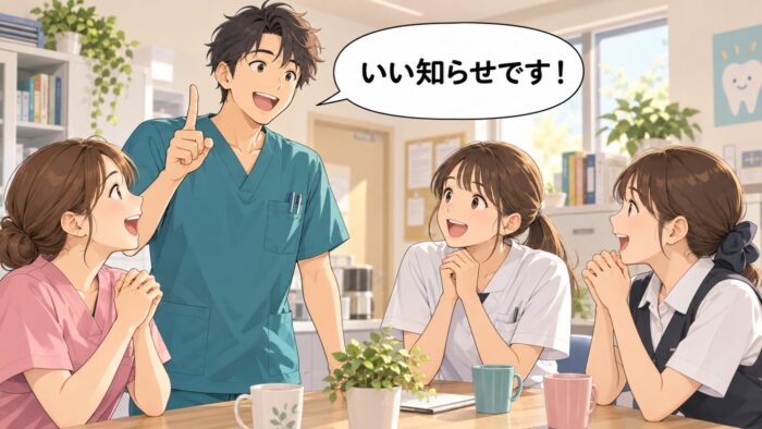 良い知らせを最初に伝え、笑顔で聞くスタッフたち
