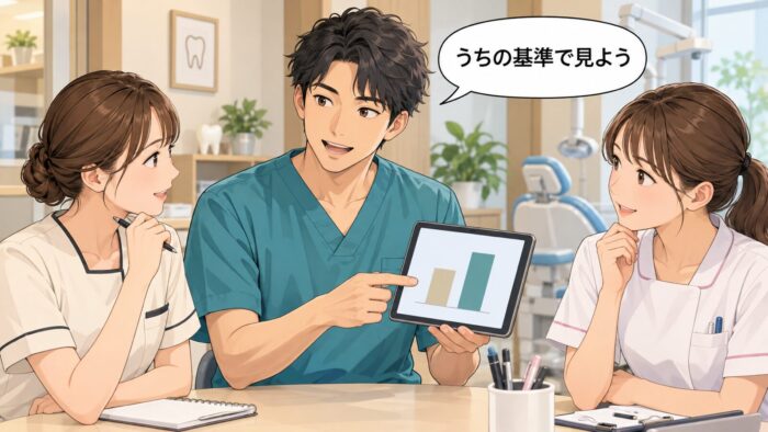 一般の目安と自院の基準を見比べて考えるスタッフたち