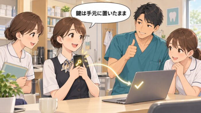 スマートフォンを胸元に持つ受付スタッフ。鍵は手元に残したまま、パソコンには確認のしるしだけが届いている