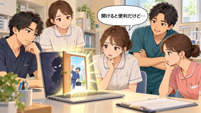パソコンの画面から開いた扉。遠くの業者さんが手を振る一方、怪しい影ものぞき込み、心配そうな歯科衛生士