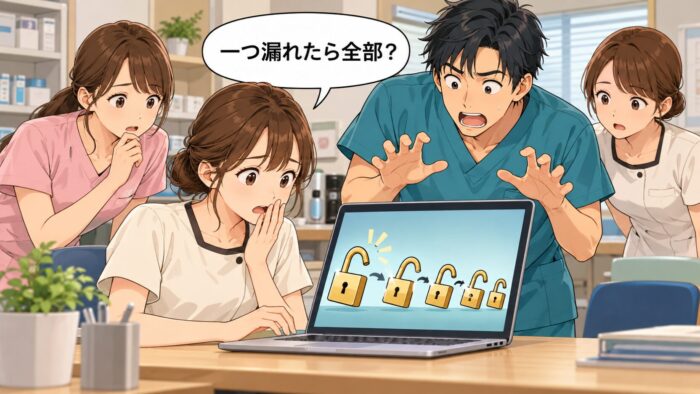 パソコンの画面で錠前がドミノのように次々開いていく様子に驚く受付スタッフと歯科医師