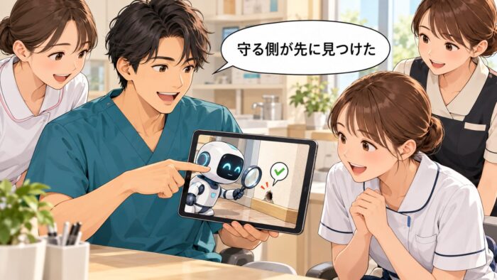 虫眼鏡で壁の穴を見つけるロボットが映ったタブレットを指さす歯科医師と、驚くスタッフたち