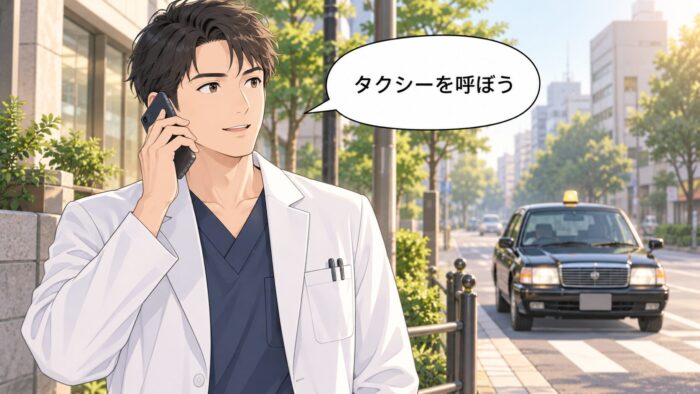 街角で落ち着いて電話をかけ、次の移動手段を手配する歯科医師