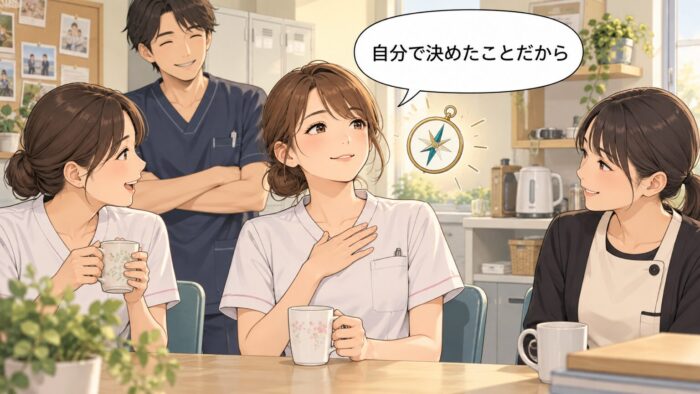 胸に手を当て、落ち着いた表情でほほえむ歯科助手