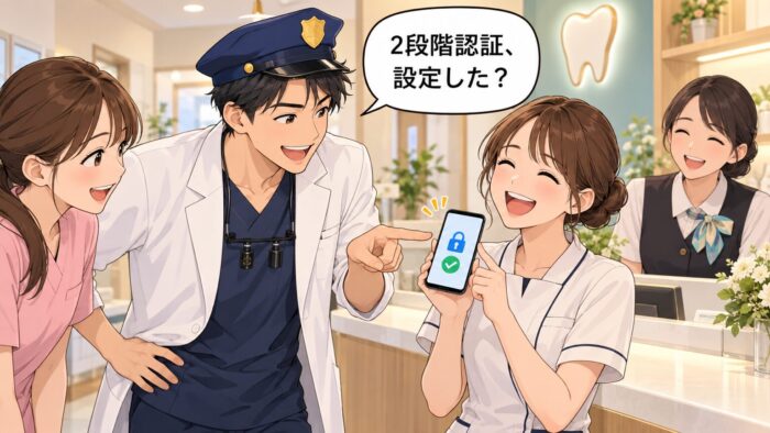 おもちゃの警察帽をかぶった歯科医師が、スタッフのスマートフォンの鍵マークを指さして笑い合う