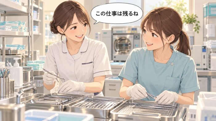 器具を丁寧に準備する歯科衛生士と歯科助手の、落ち着いた手元と表情