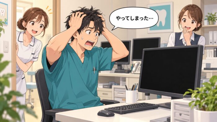 真っ暗になったパソコン画面の前で頭を抱える歯科医師
