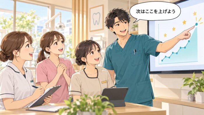 画面のスコアを見ながら次の行動を話し合う歯科医師とスタッフ