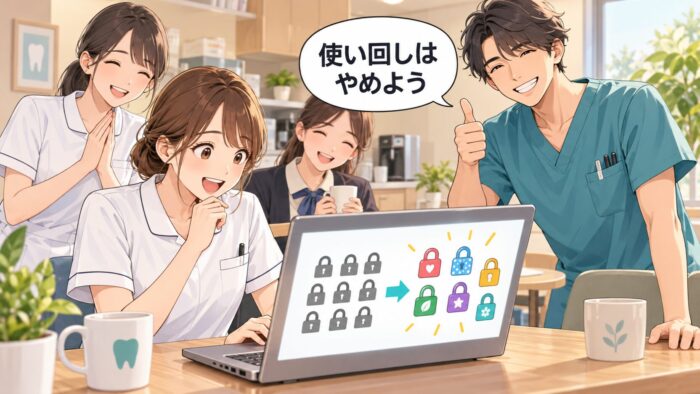 同じ形の錠前が、色も形も違う錠前に変わっていく画面を見て喜ぶスタッフたち