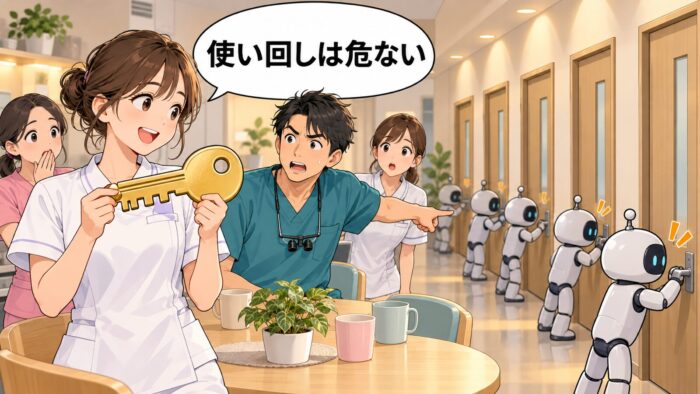 一本の鍵で同じ形のドアが全部開いてしまう様子に驚く歯科医師。ロボットがドアを順に試している