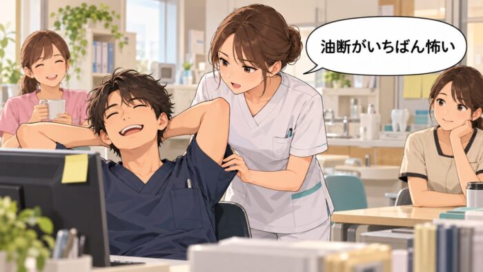 気を抜いてくつろぐスタッフの肩を、真剣だがやさしい表情でたたく歯科衛生士