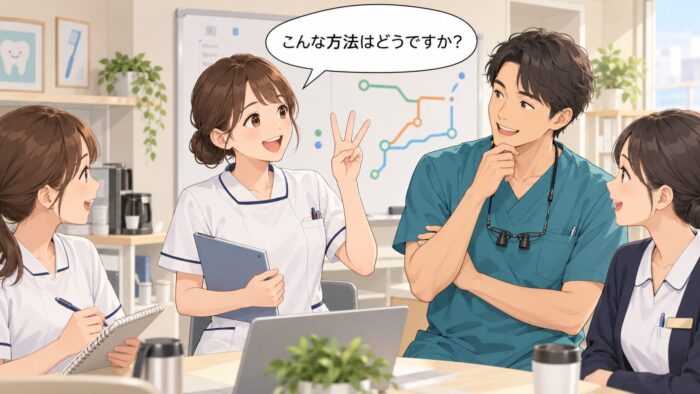 いくつかの選択肢を提案するスタッフと、笑顔でうなずく歯科医師