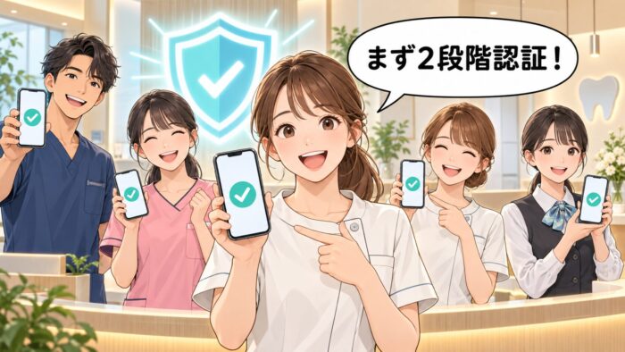 受付で、確認のしるしが出たスマートフォンを手に笑顔のスタッフたち