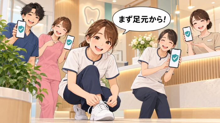 盾と確認のしるしが出たスマートフォンを手に笑うスタッフたちと、靴ひもを結ぶスタッフ