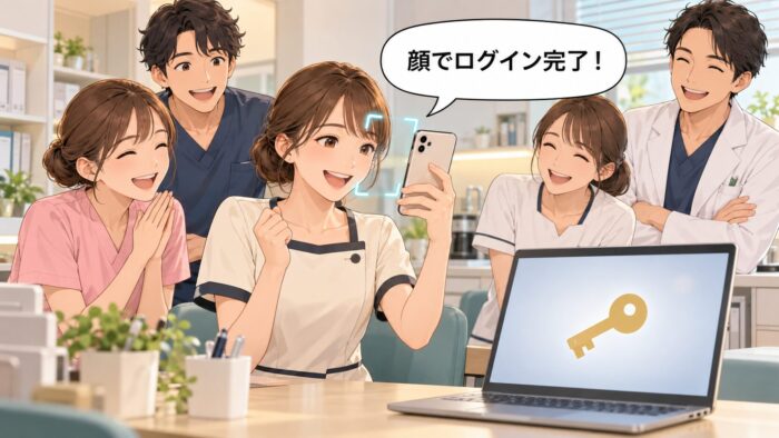 スマートフォンの顔認証でログインして喜ぶ受付スタッフと、拍手する仲間たち