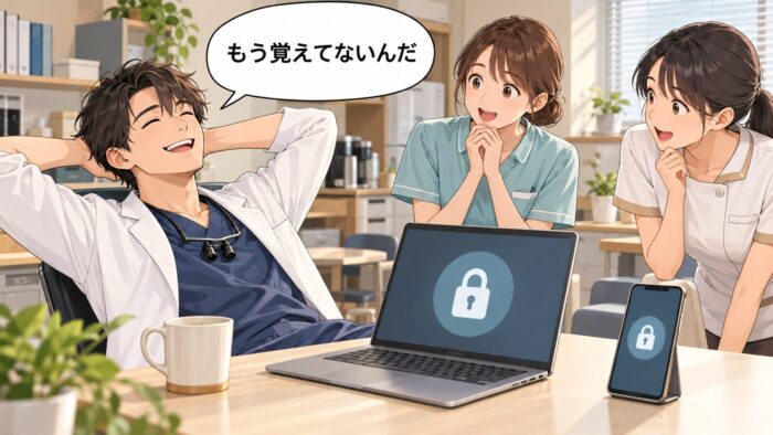 錠前マークが映るパソコンとスマートフォンを前に、くつろいで笑う歯科医師と感心するスタッフ